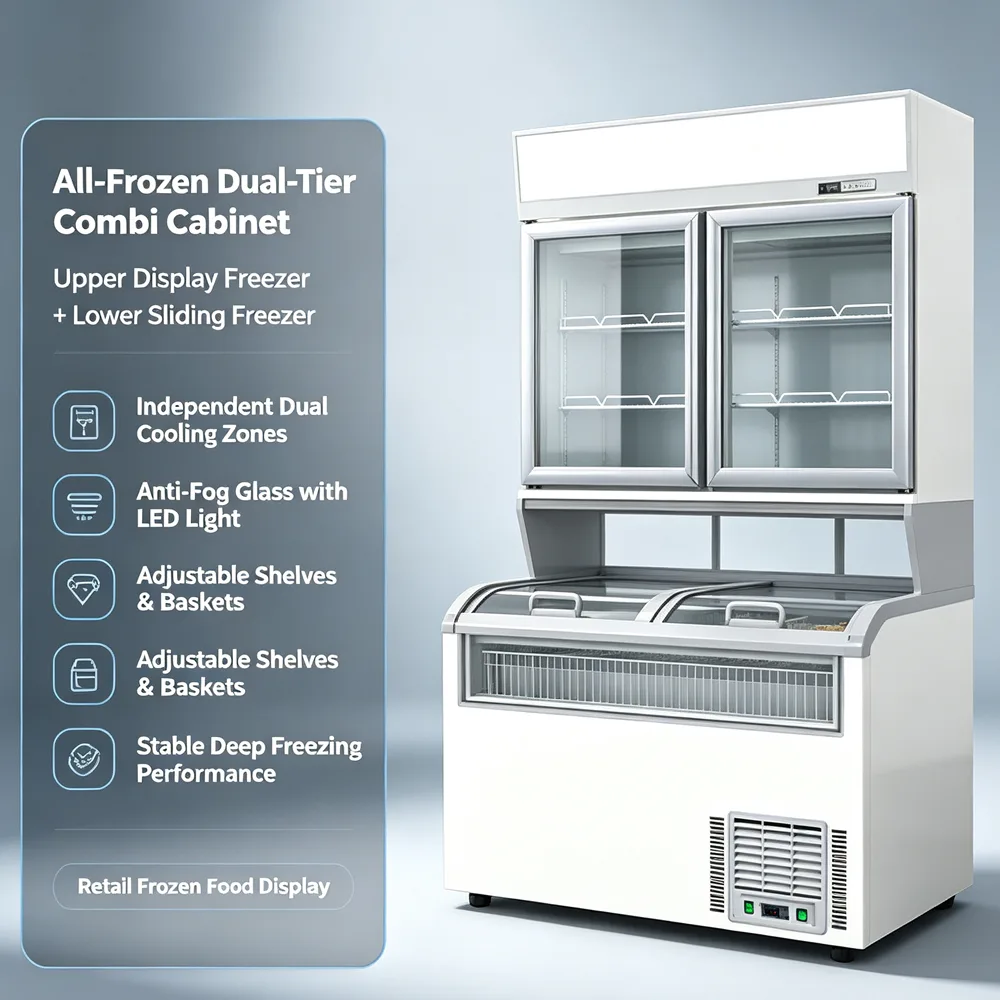 Anti-Fog Full View Glass Combined Freezer Built-In LED Lighting for Frozen Dumpling Seafood Retail Merchandising