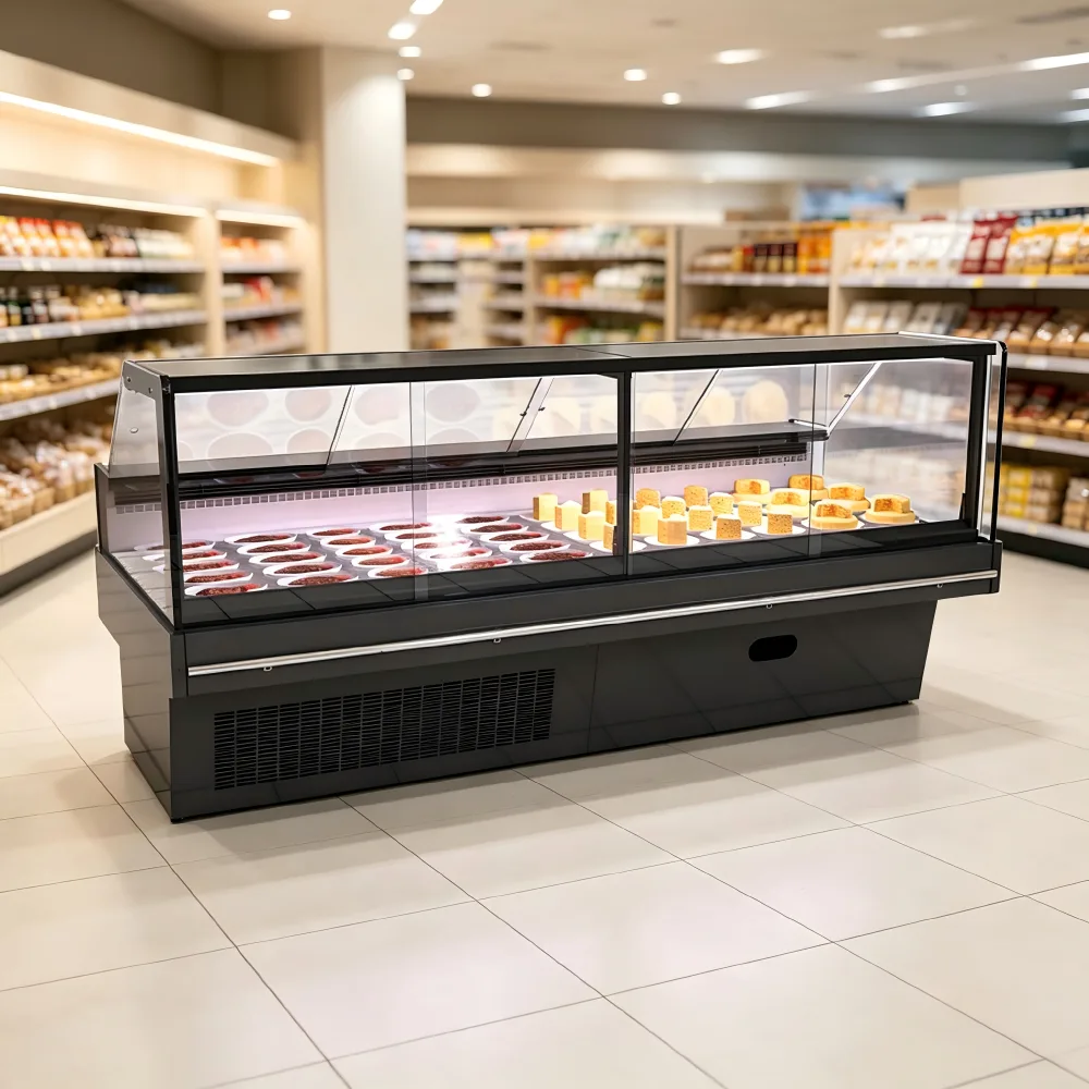 Straight Flat Glass Deli Display Cooler Commercial Meat Sausage Ham Refrigerated Showcase for Supermarket Fresh Food Counter