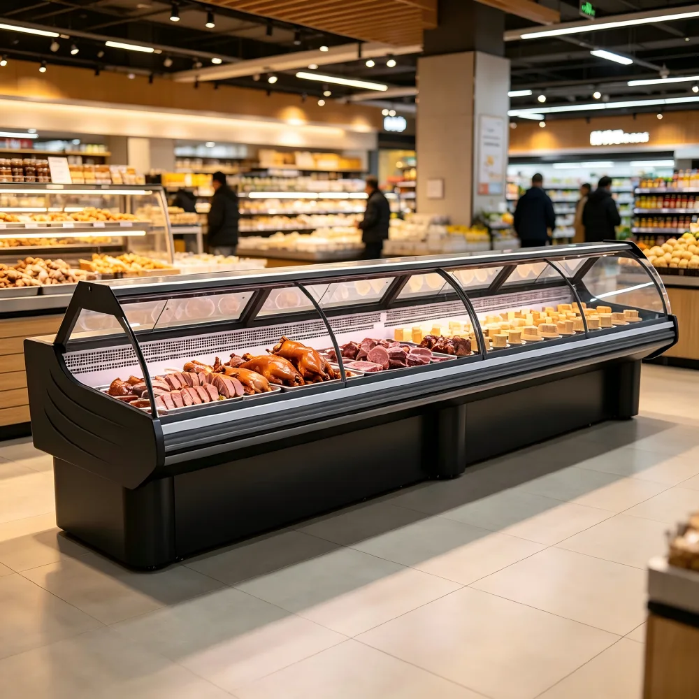 Large View Curved Glass Cold Food Display Refrigerator Commercial Buffet Deli Meat Showcase