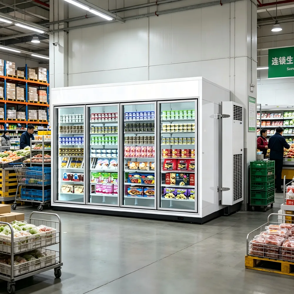 Walk-in Glass Door Display Fridge Freezer Food Grade Commercial Refrigeration Equipment