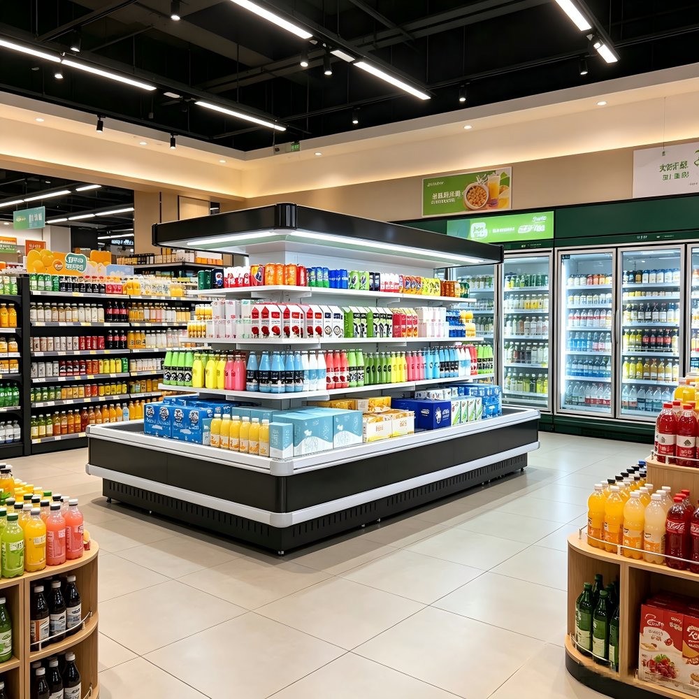 Space Optimized Dual Side Cooler Large Storage Island Display Chiller for Retail Store Layout