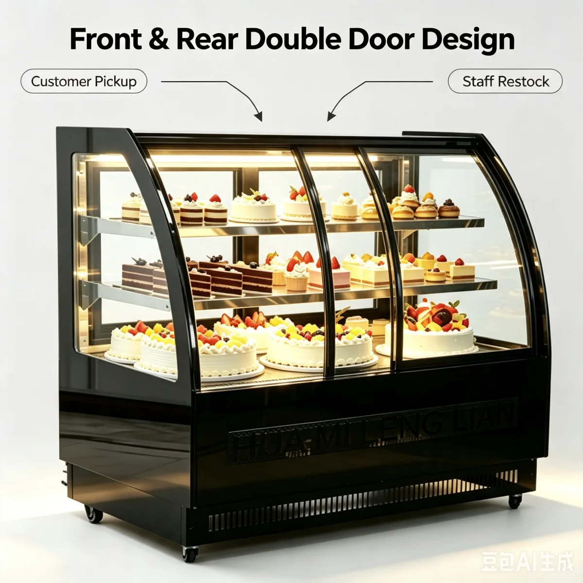 Bakery Use Double Door Cake Refrigerated Showcase Digital Temp Control Anti Fog Curved Glass