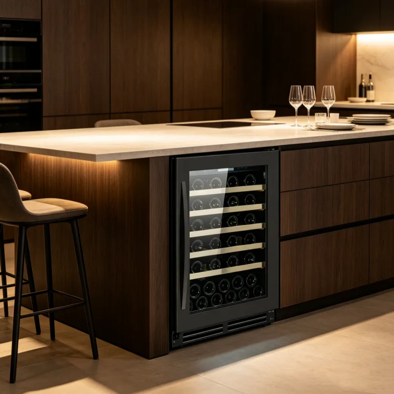 L-Door Open Alarm Wine Cooler Stainless Steel Body Reversible Hinge Undercounter Home Wine Fridge