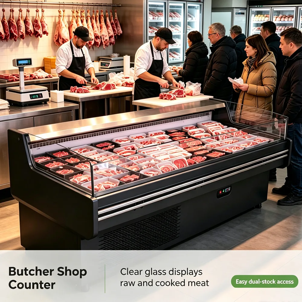 Round Corner Island Meat Refrigerated Chiller Open Front Design Packaged Sausage Deli Display Fridge for Fresh Meat Zone