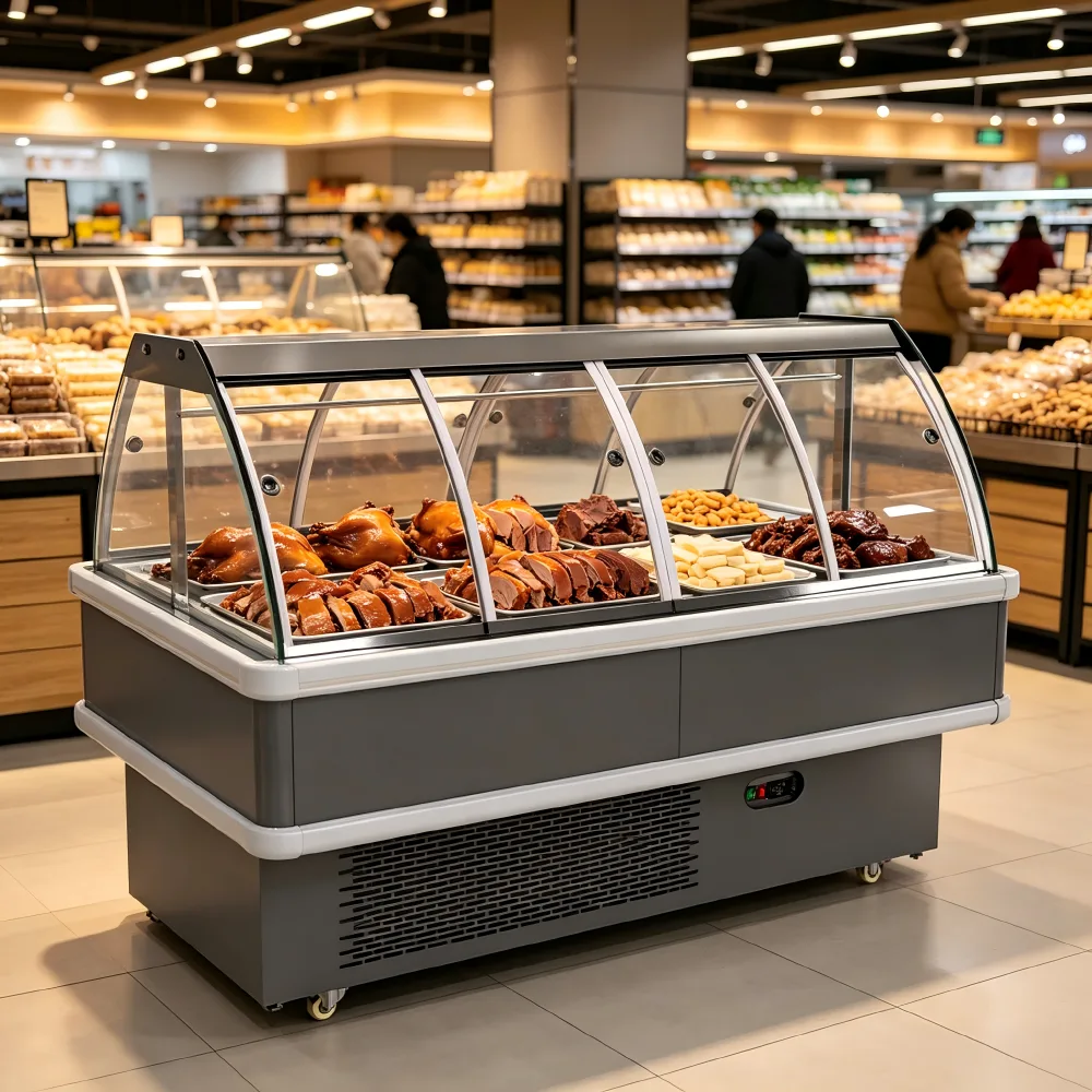 Air Cooling Curved Glass Deli Showcase Mobile Wheel Cooked Meat Refrigerator for Commercial Grocery Retail Market