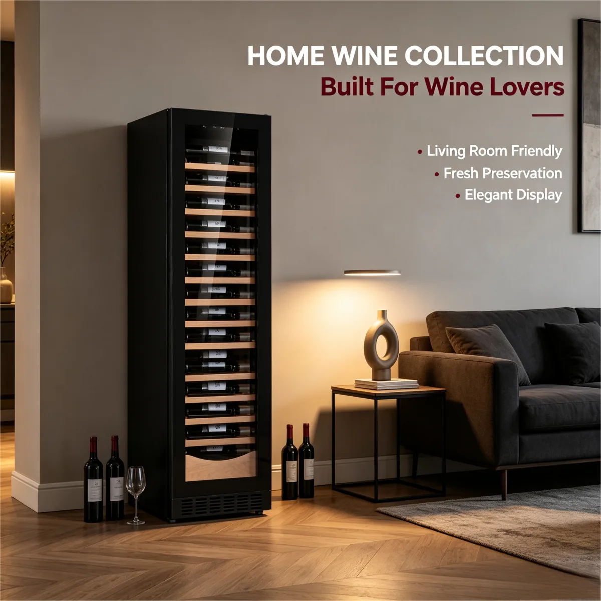C-385L Vertical Built-in Wine Refrigerator Solid Wood Storage Racks 5-20℃