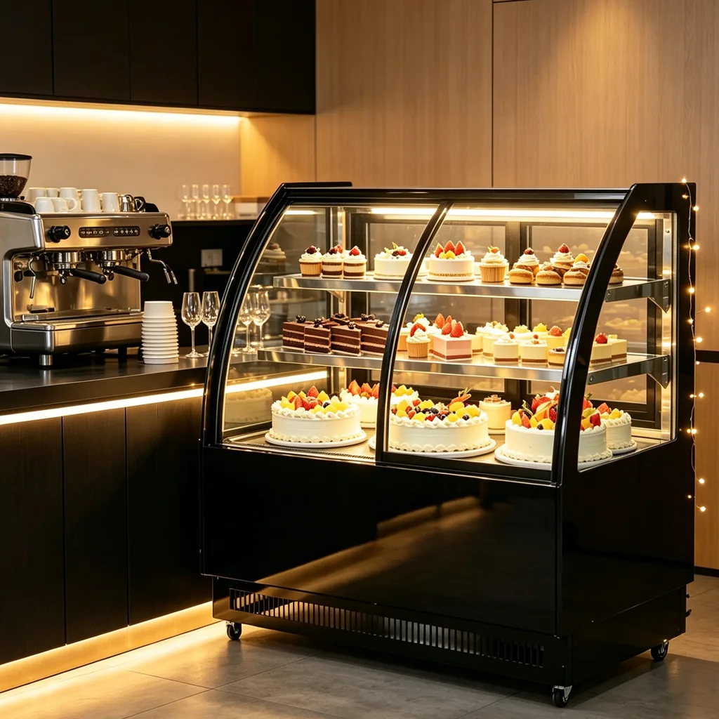 Back Front Door Curved Glass Cake Display Chiller Anti Fog Dessert Refrigerated Showcase for Bakery Cafe