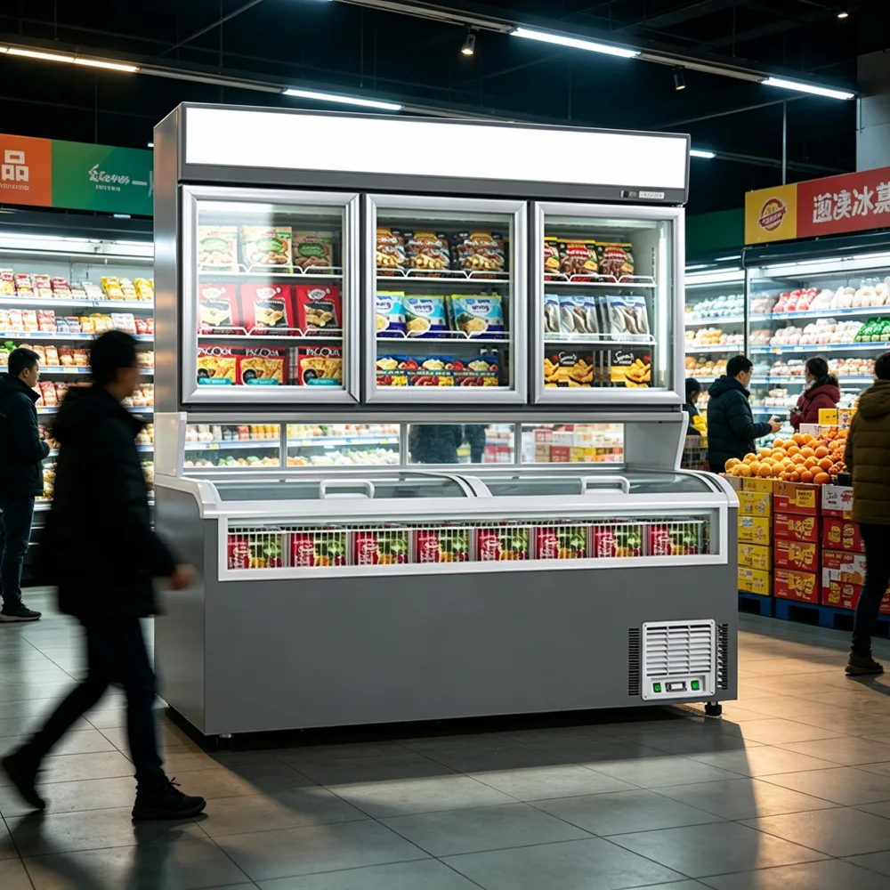 2 Door Upper Frozen Showcase Matched With View Window Base Freezer for Gas Station Retail Outlets