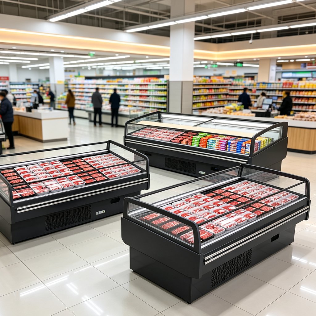 Low Power Consumption Double Layer Meat Chiller Uniform Air Cooling Slant Glass Deli Display Cabinet