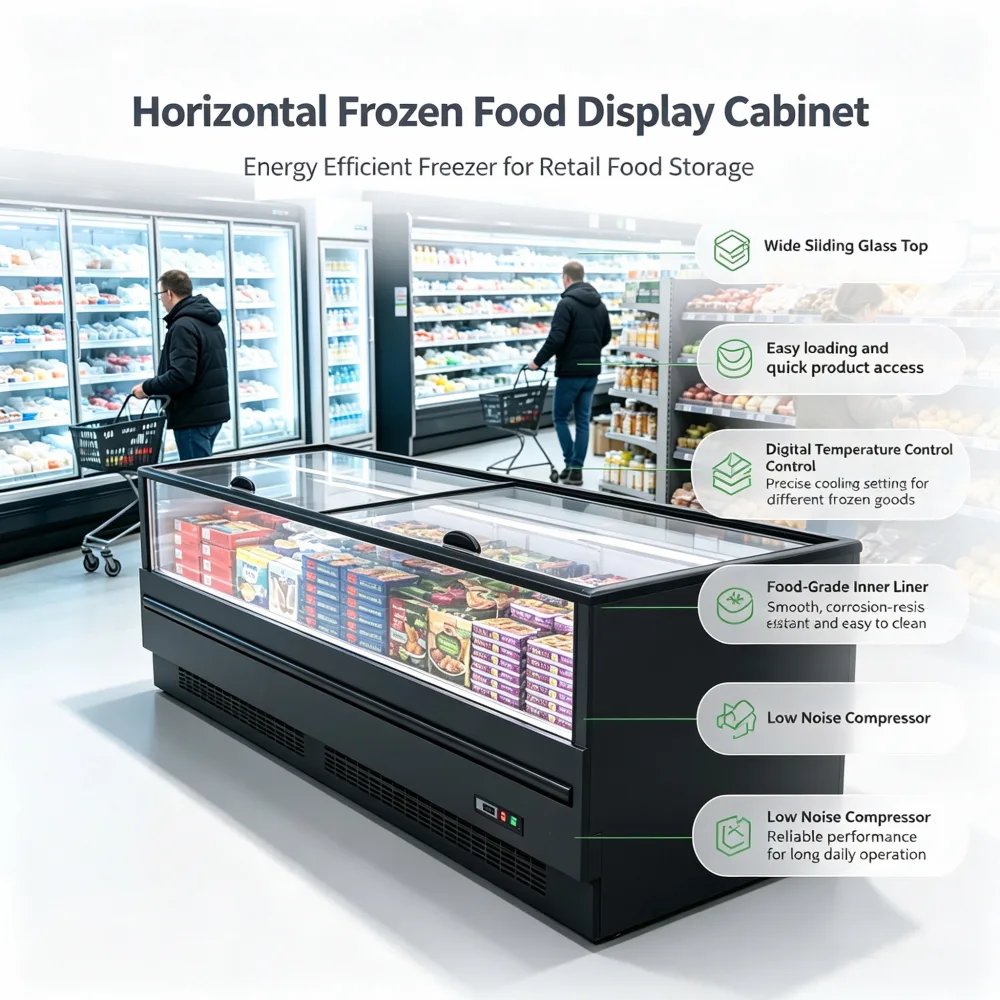 Commercial Modular Island Freezer Supermarket Curved Glass Display Deep Freezer