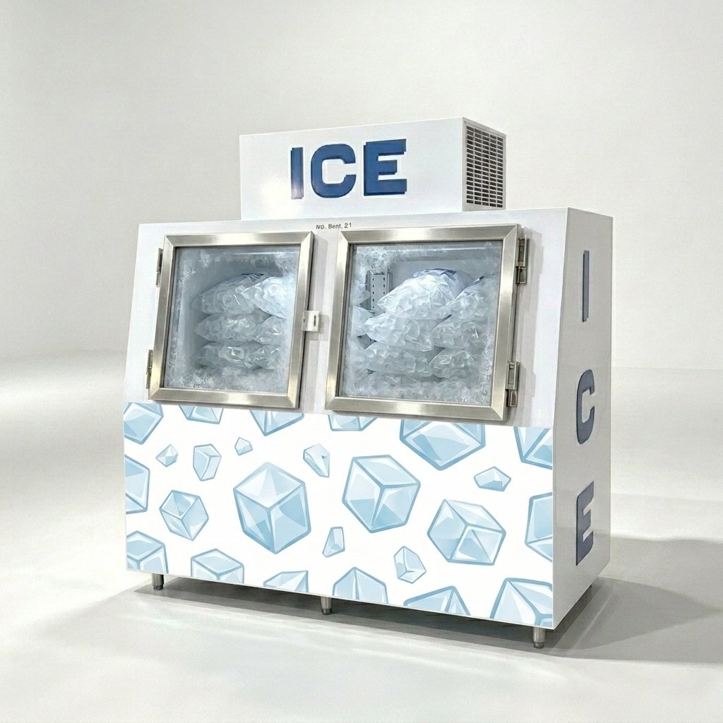 Top Mount Compressor Upright Ice Bin Freezer Heavy Duty Vertical Ice Storage Merchandiser