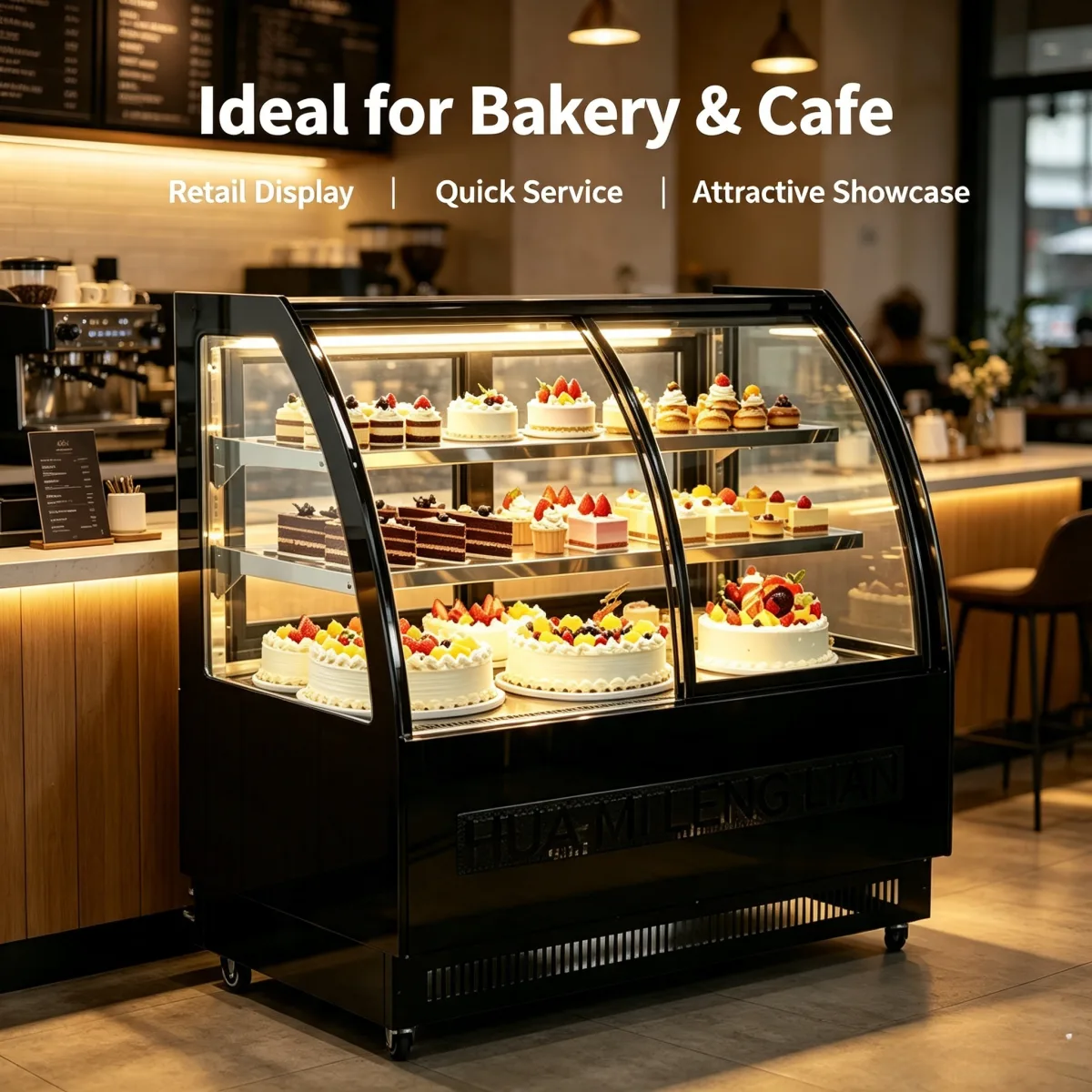 Curved Anti Fog Glass Dessert Display Fridge Back Front Door Access Stainless Steel Shelves Bakery Equipment