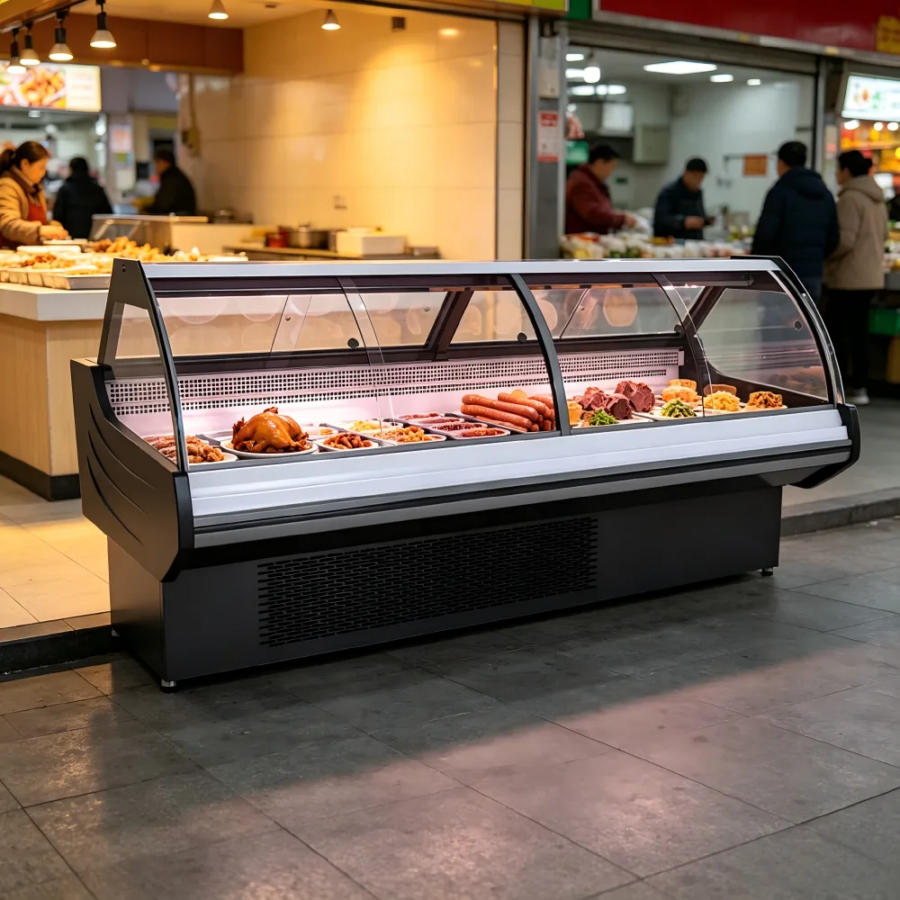 Floor Standing Refrigerated Deli Showcase Anti-Fog Curved Glass Fresh Meat Display Cabinet With Rear Door