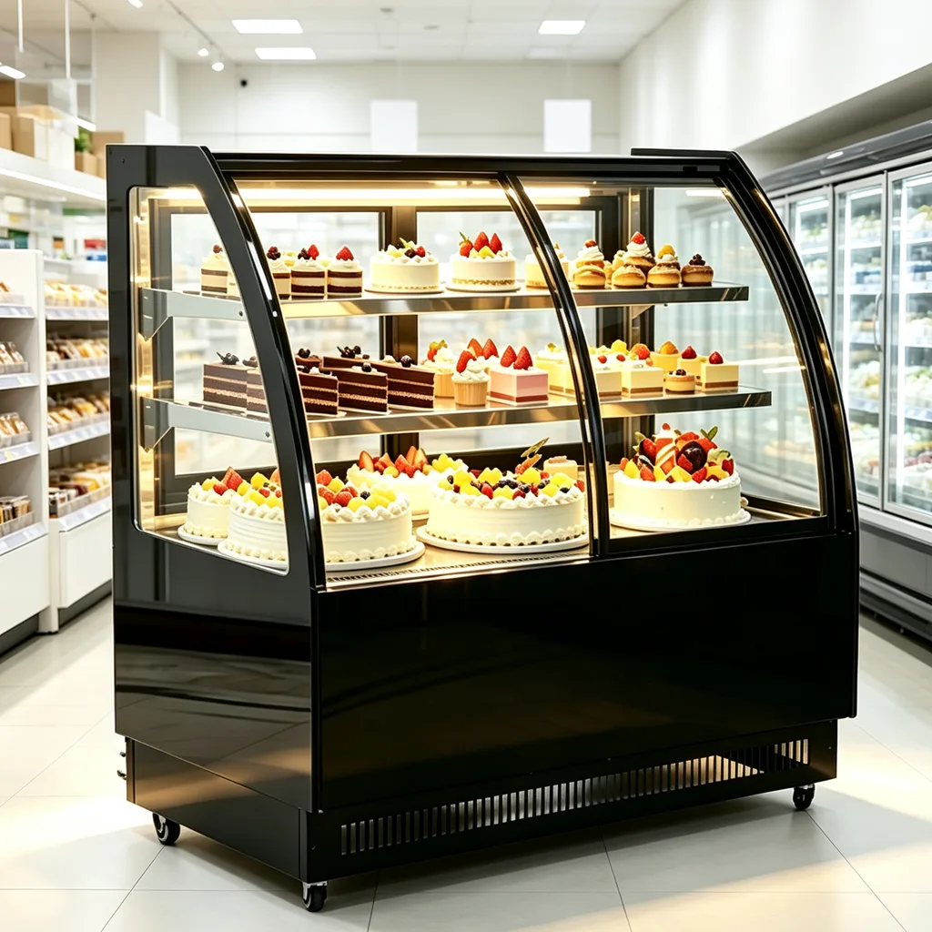Bakery Use Double Door Cake Refrigerated Showcase Digital Temp Control Anti Fog Curved Glass