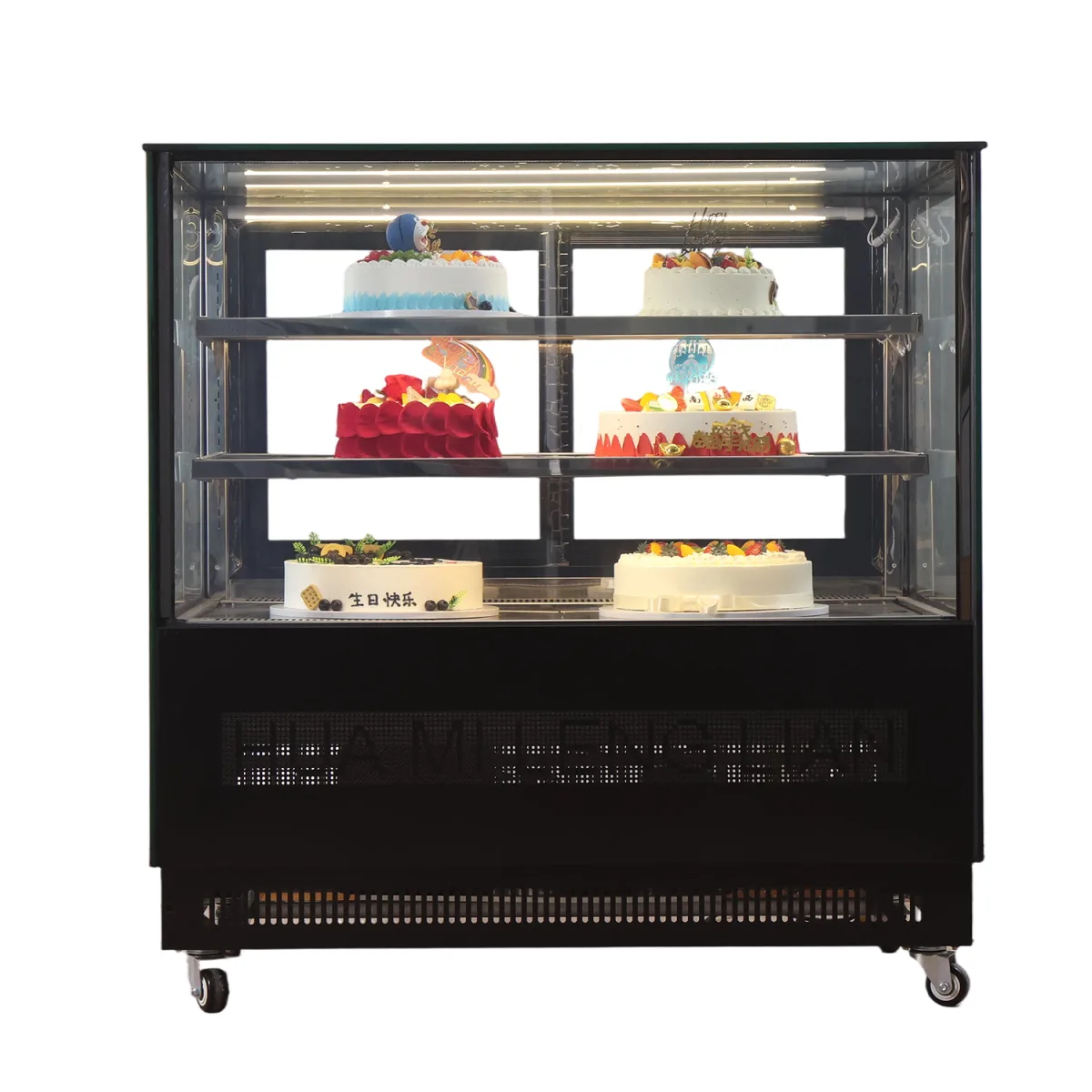 Cafe Use Cake Display Cooler Stainless Steel Shelves Front Back Double Door Showcase
