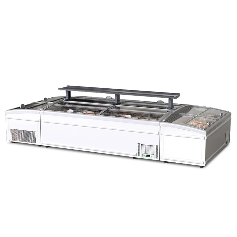 Glass Top Island Chest Freezer Commercial Frozen Seafood Meat Display Freezer