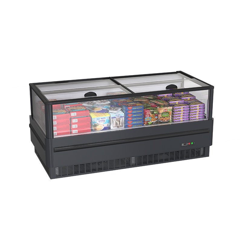 Flat Glass Top Commercial Island Display Freezer Air Cooling Frozen Food Seafood Chest Freezer for Supermarket