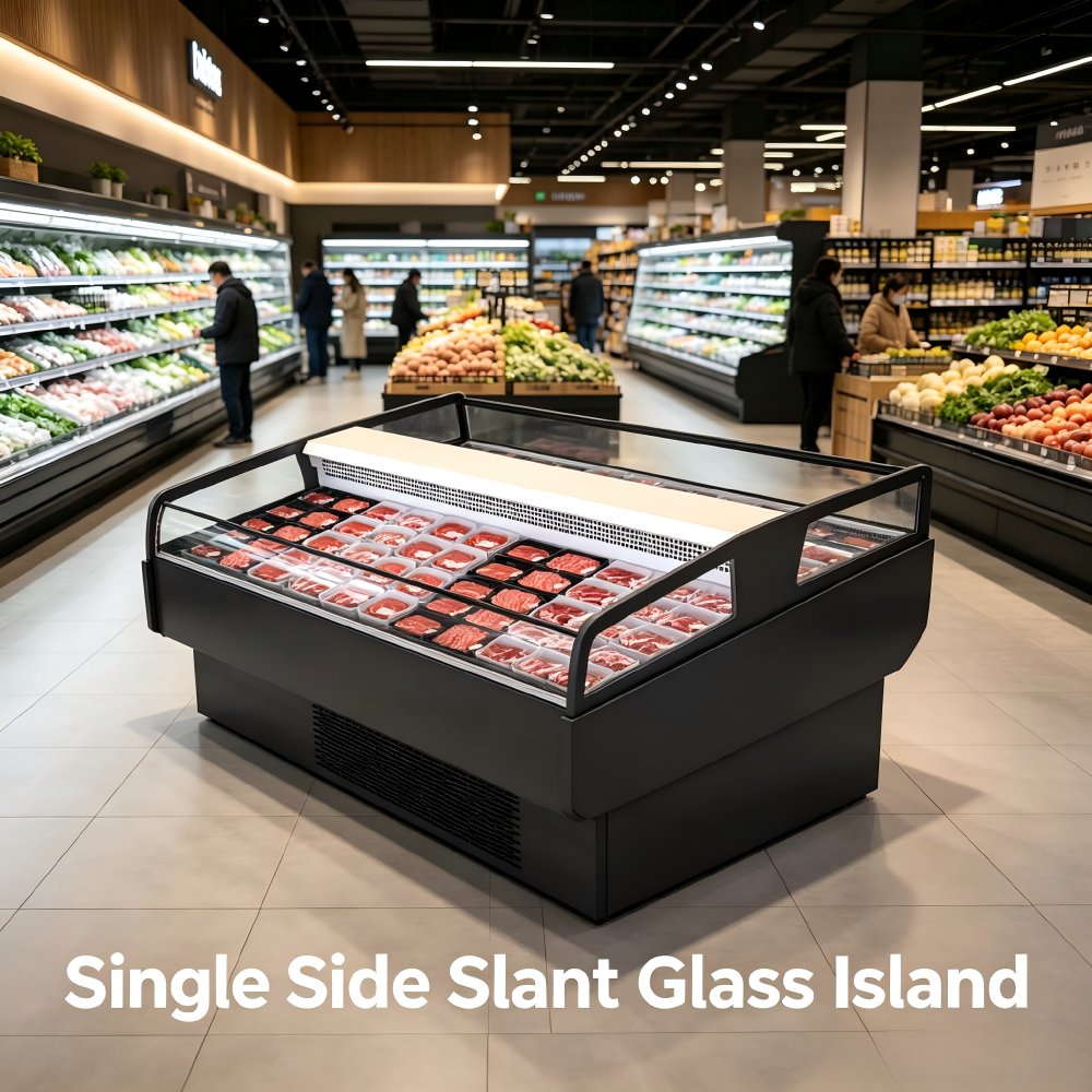 Low Power Consumption Double Layer Meat Chiller Uniform Air Cooling Slant Glass Deli Display Cabinet