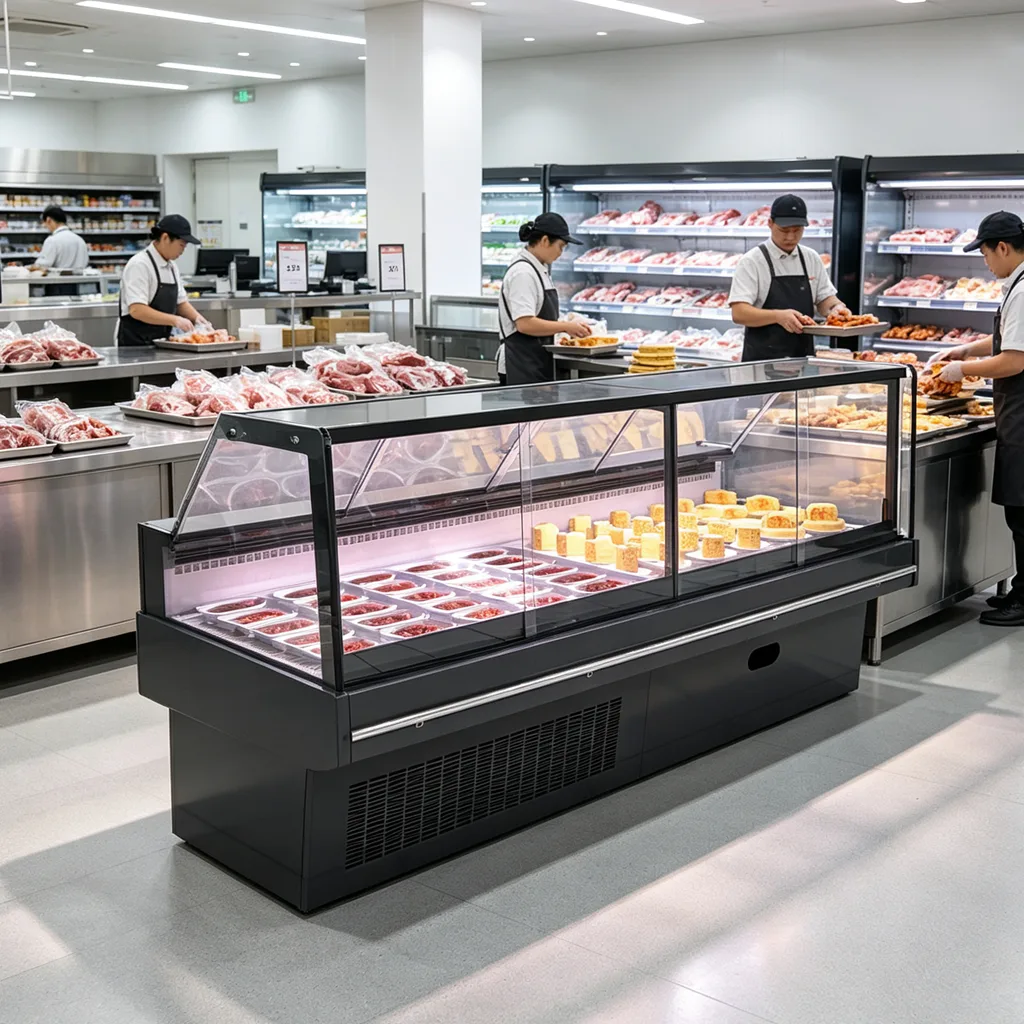 Commercial Flat Glass Cold Food Display Chiller Buffet Deli Meat Cheese Refrigerated Counter for Hotel Restaurant