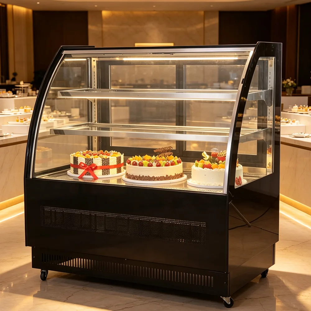 Hotel Buffet Dessert Display Refrigerator Commercial Curved Glass Cake Showcase