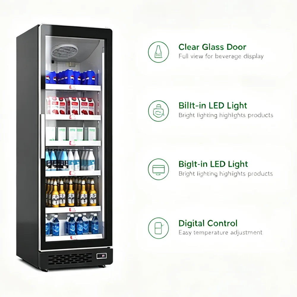 Upright LED Light Drink Fridge, Anti-Fog Glass Commercial Beverage Display Chiller
