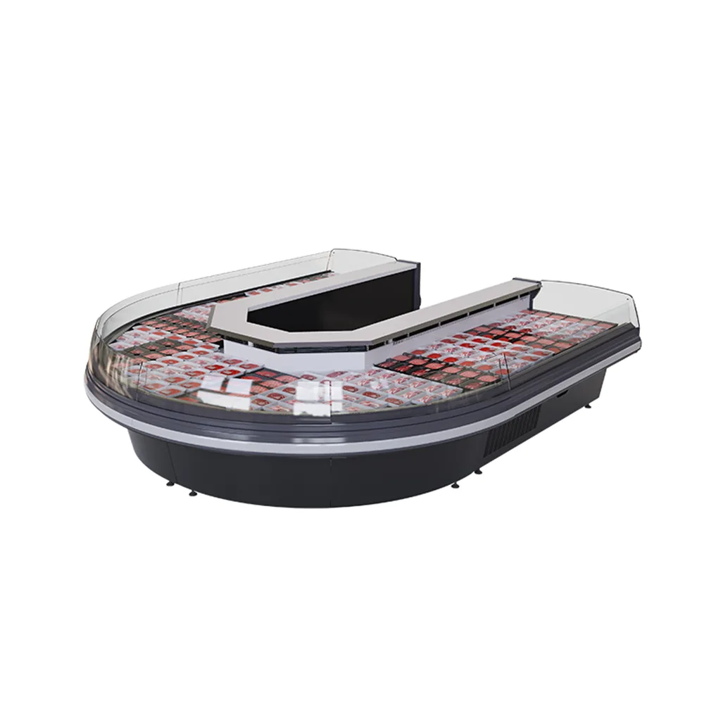 Round Corner Island Meat Refrigerated Chiller Open Front Design Packaged Sausage Deli Display Fridge for Fresh Meat Zone