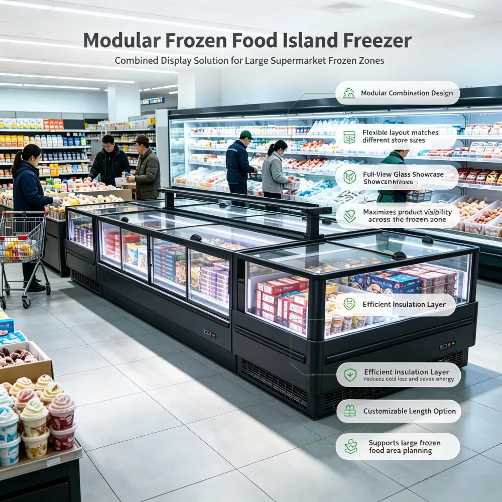 Single Section Lift-Up Glass Island Freezer Commercial Frozen Food Display Chest Freezer for Retail Mini Market