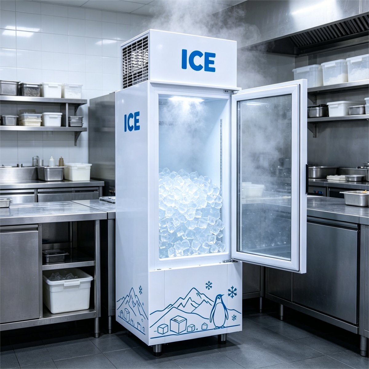 C-Custom ICE Pattern Single Door Ice Storage Freezer Fast Direct Cooling Vertical Commercial Ice Holding Cabinet