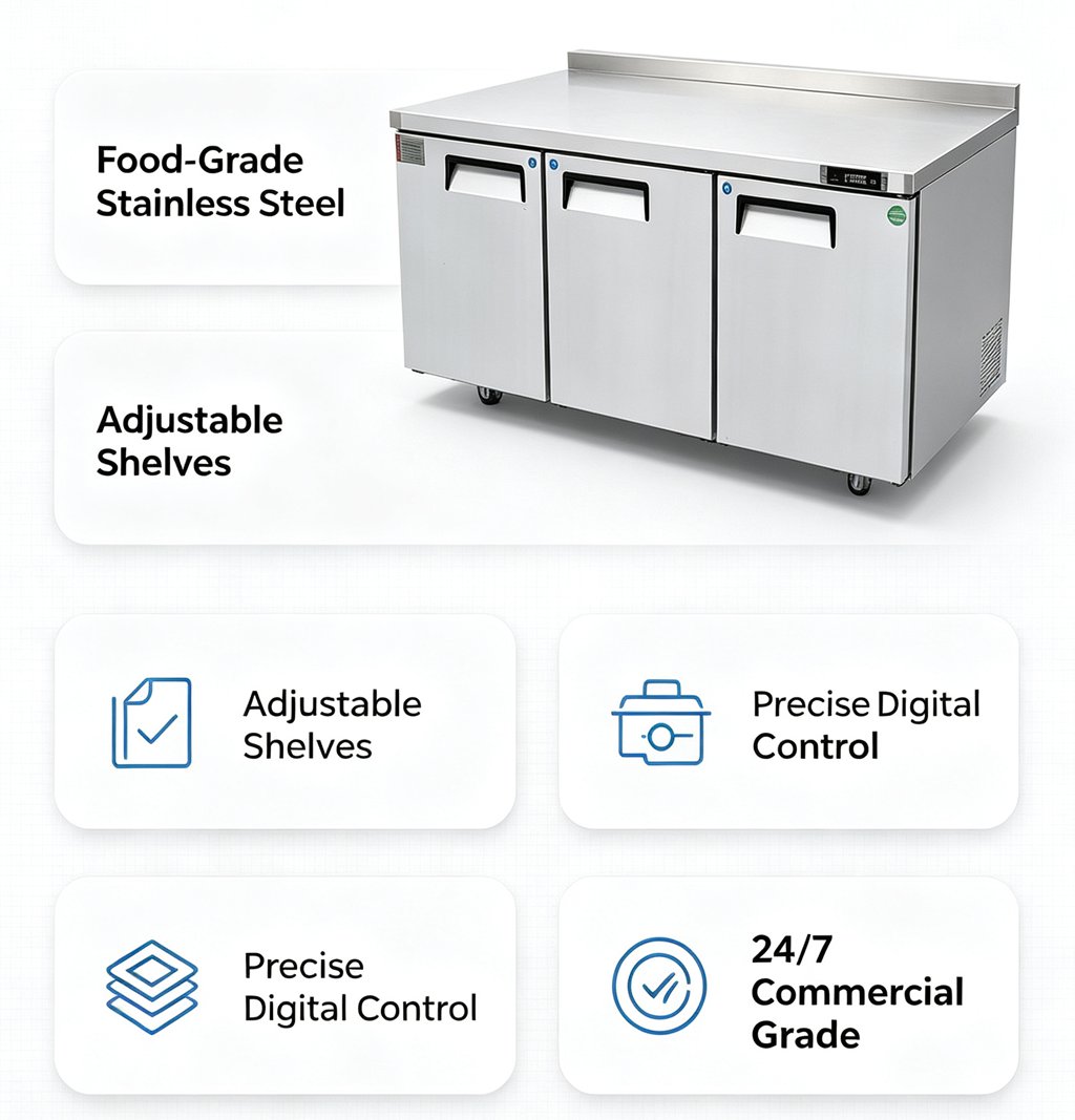 3 Door Stainless Steel Under Counter Refrigerator Commercial Worktop Fridge