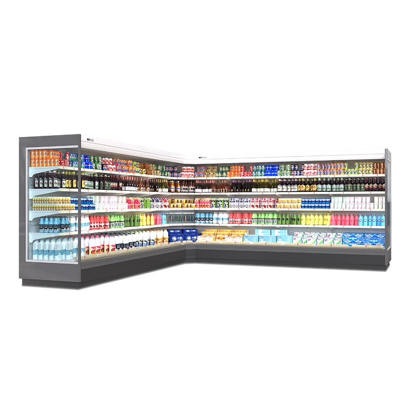L Shape Corner Open Air Display Cooler Large Capacity Vertical Refrigerator For Supermarket Beverage Island Zone