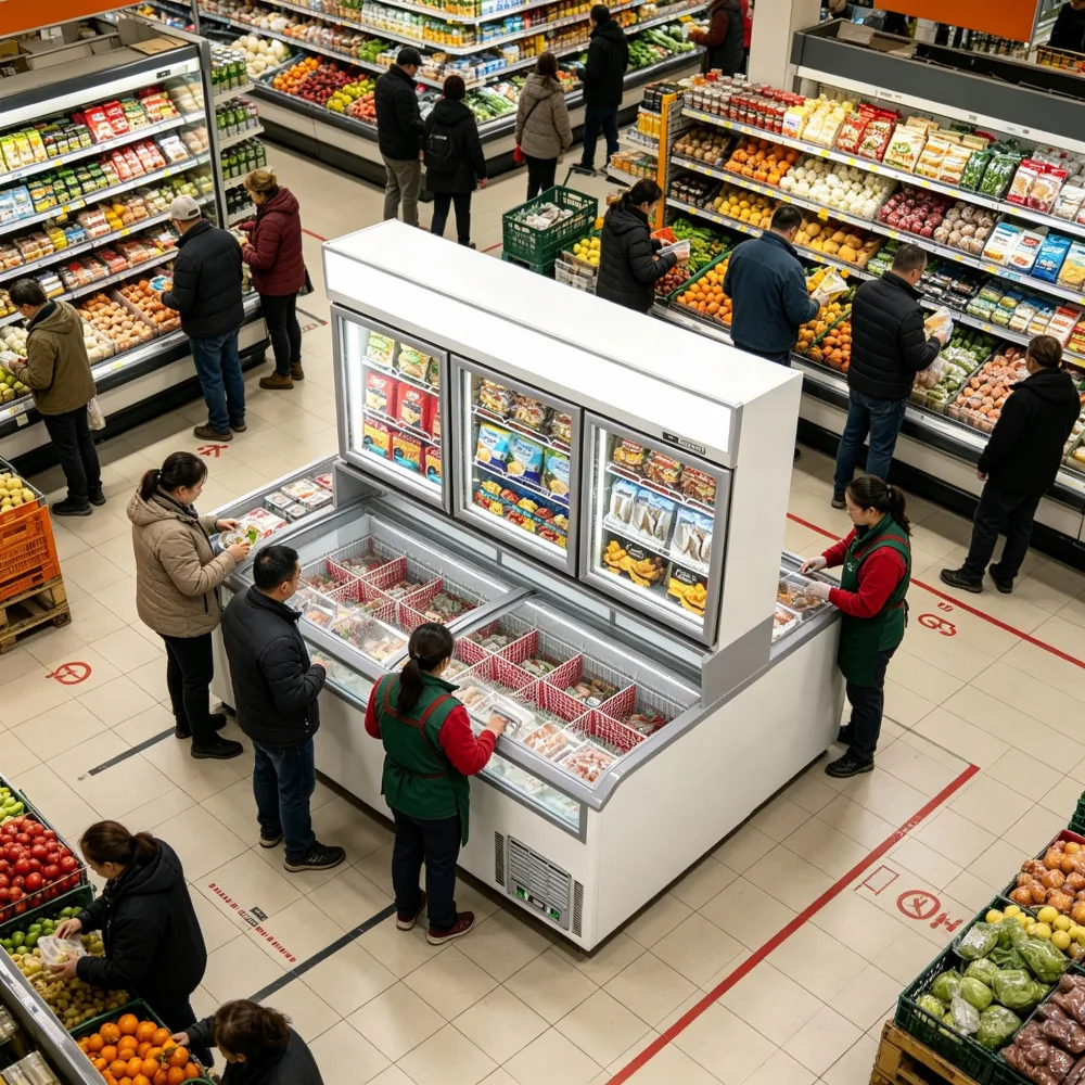 2 Door Upper Frozen Showcase Matched With View Window Base Freezer for Gas Station Retail Outlets