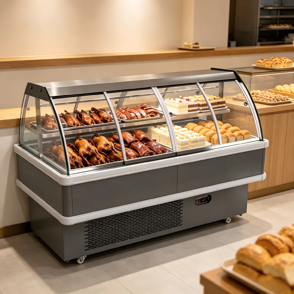 Air Cooling Curved Glass Deli Showcase Mobile Wheel Cooked Meat Refrigerator for Commercial Grocery Retail Market