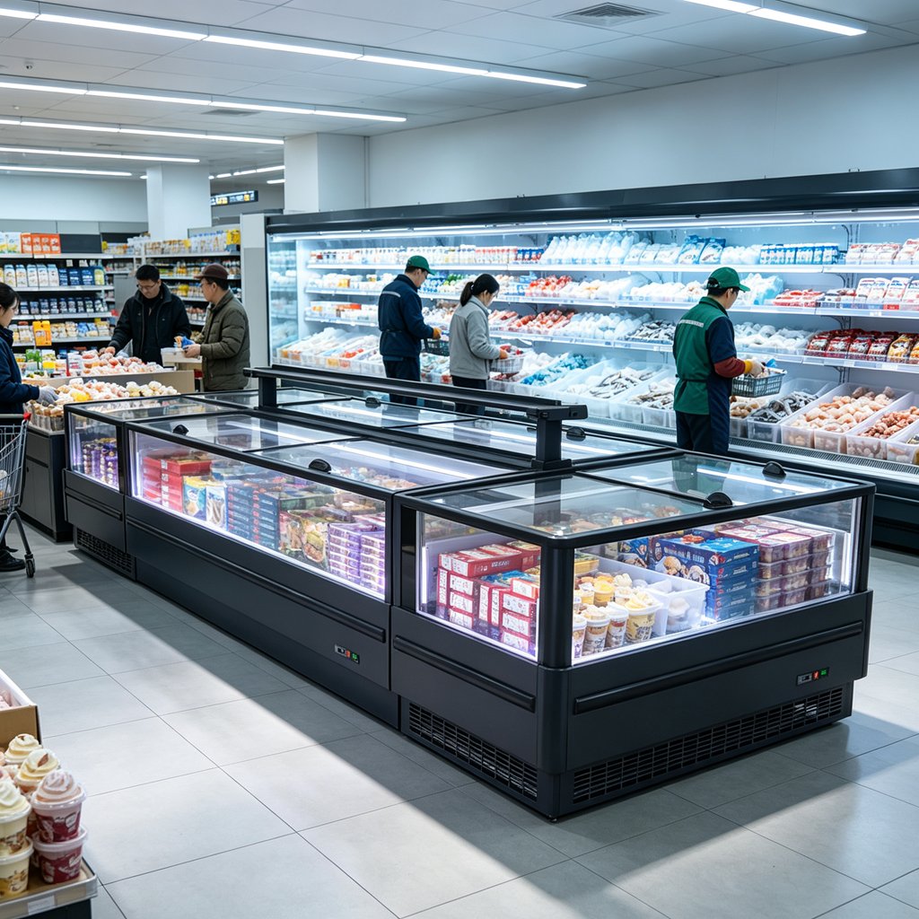 Flat Glass Top Commercial Island Display Freezer Air Cooling Frozen Food Seafood Chest Freezer for Supermarket