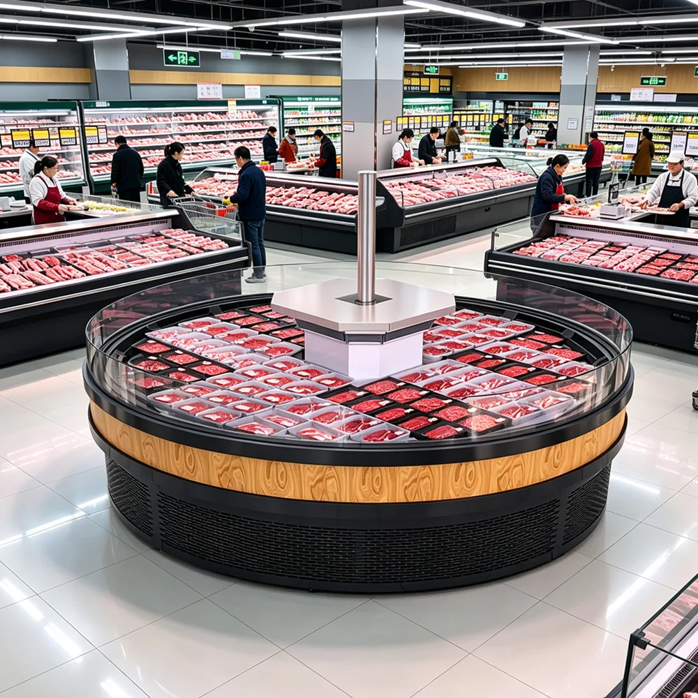 Energy Saving Circular Island Meat Display Chiller Air Curtain Insulation Constant Temperature Fresh Meat Cabinet