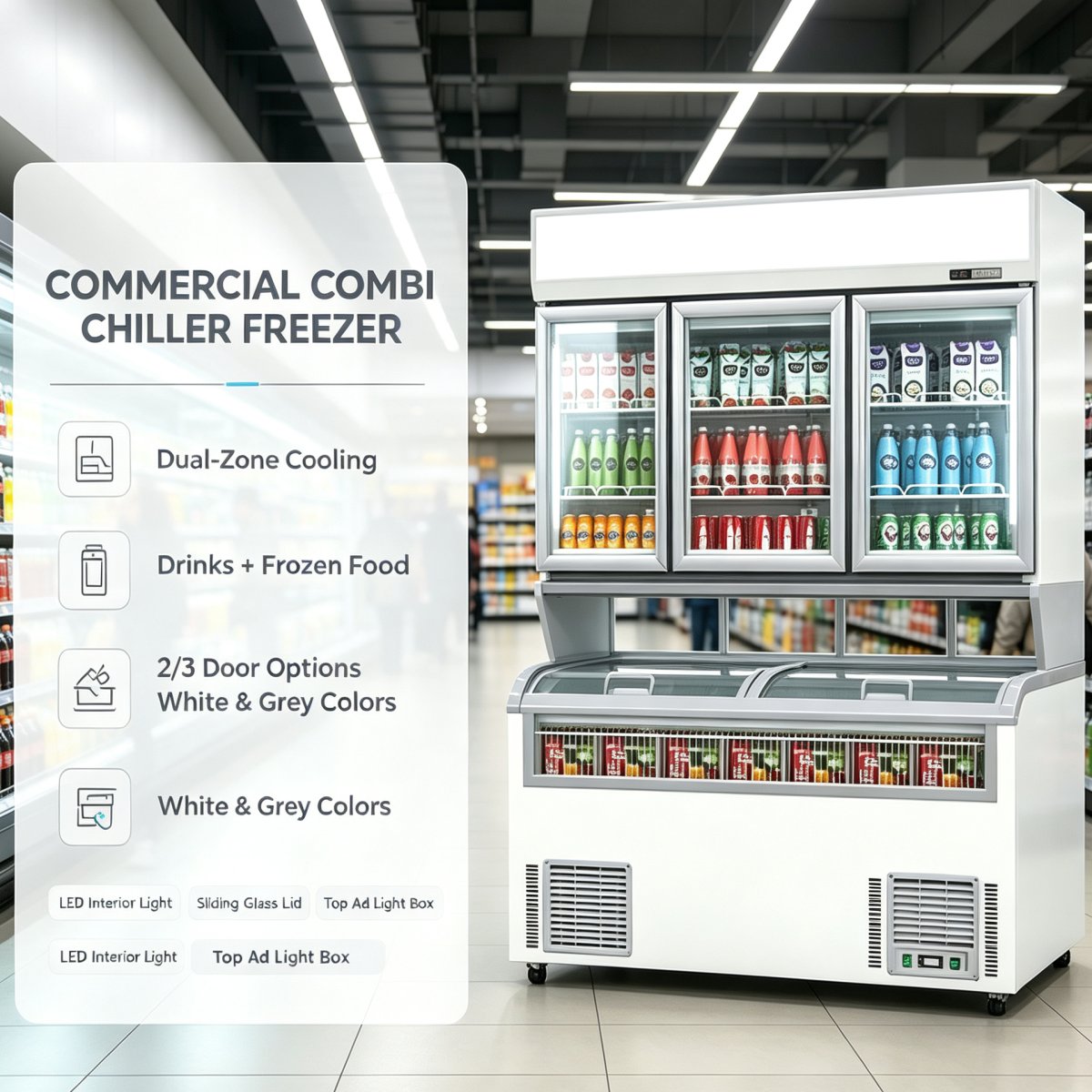 Dual-section Combined Beverage Chiller, Two-Tier Integrated Refrigerated Display Cabinet