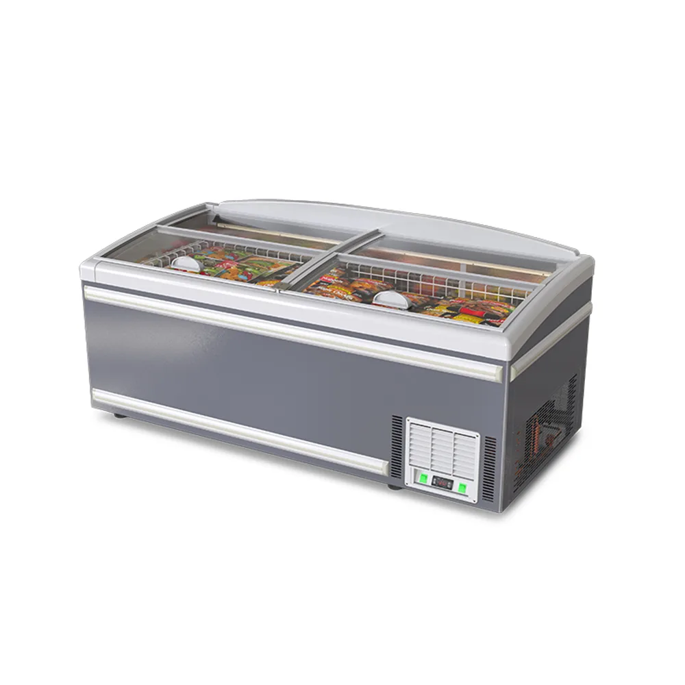 Grey Curved Lid Island Display Freezer Large Capacity Deep Frozen Food Showcase