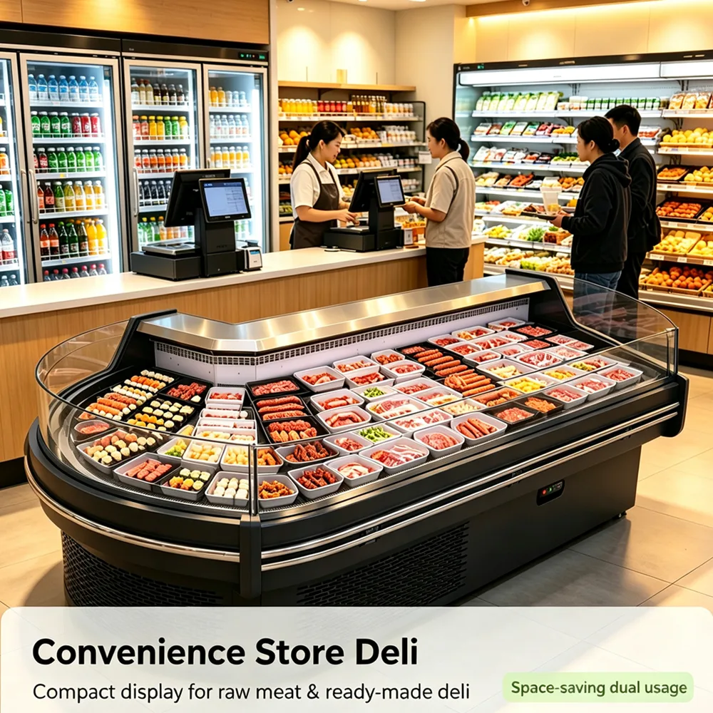 Fan Shape Curved Corner Meat Display Cooler Air Cooling Raw Meat Refrigerated Showcase