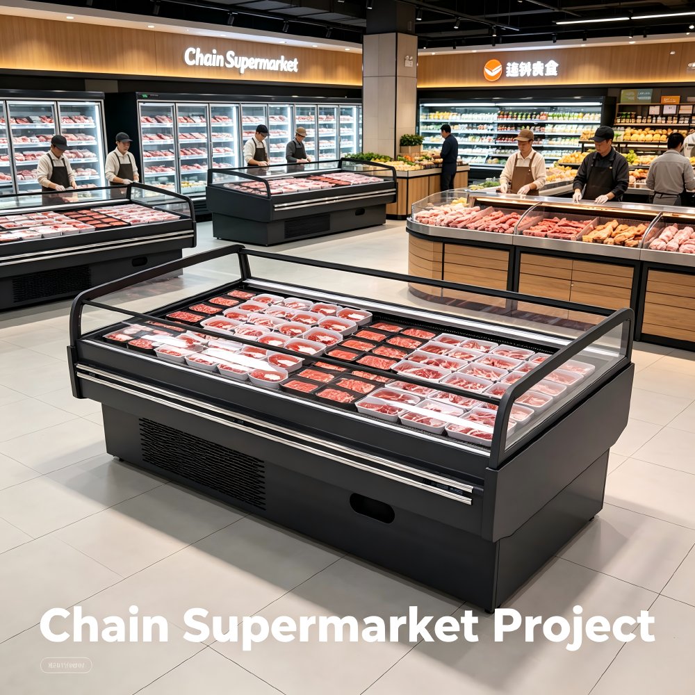 OEM Custom Size Open Top Island Deli Cooler Digital Temp Control Meat Display Chiller for Chain Supermarket