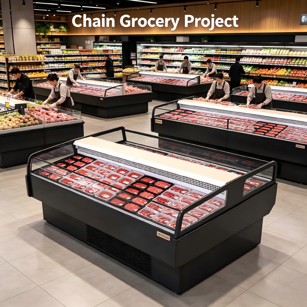 OEM Custom Length Digital Temp Control Slant Glass Island Fresh Meat Cooler