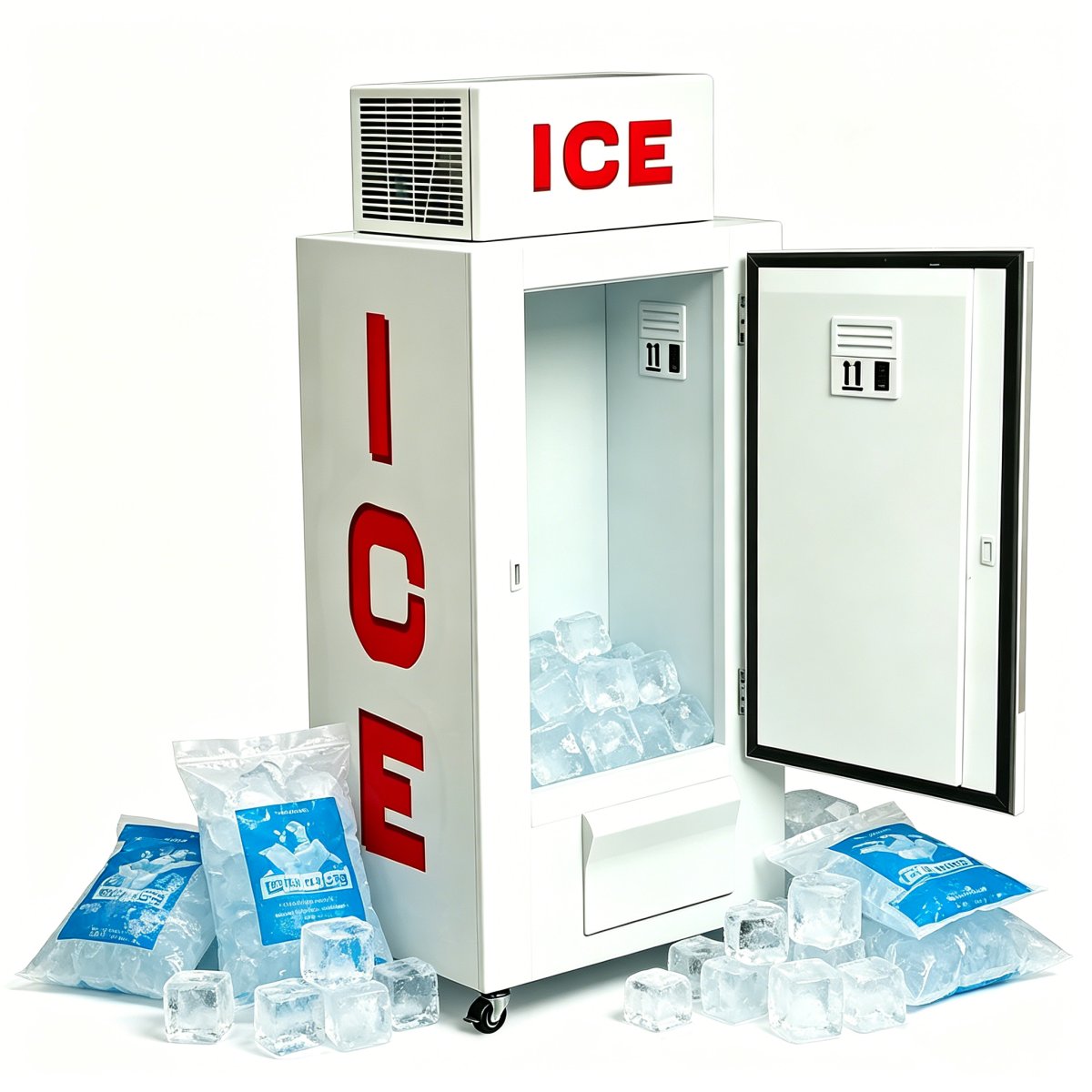 L-Single Solid Door Ice Merchandiser Freezer, Low Temperature Commercial Ice Storage Freezer with Brake Casters