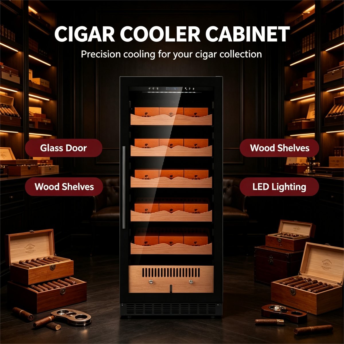 C-375L Large Vertical Cigar Humidor Cedar Wood Shelves Constant Temp & Humidity Storage