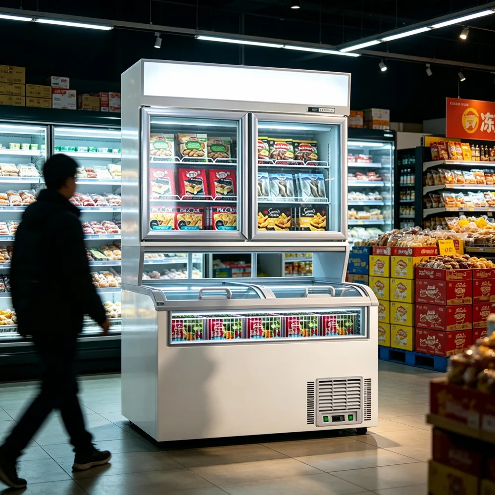 Large Capacity Two-Tier Frozen Food Display Cabinet Adjustable Multi-Layer Shelves for Supermarket Layout