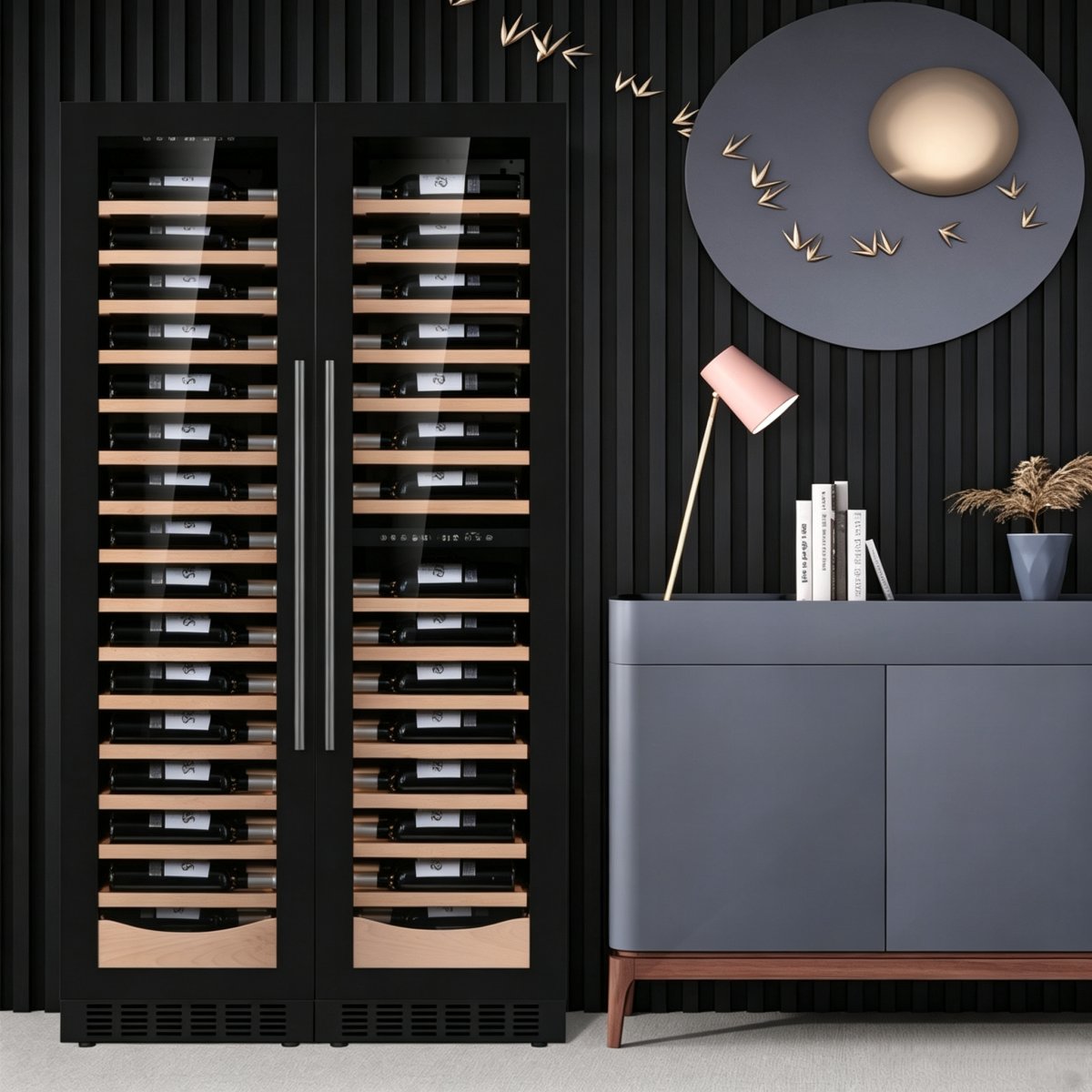L- Detachable Beech Racks Wine Refrigerator Reversible Door UV-Free LED Narrow Built-in Wine Chiller