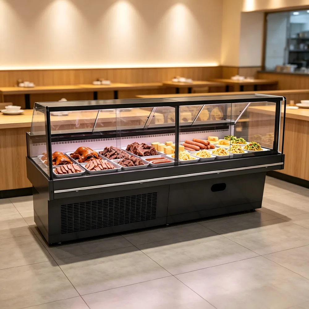 Air Cooling Curved Glass Deli Showcase Mobile Wheel Cooked Meat Refrigerator for Commercial Grocery Retail Market