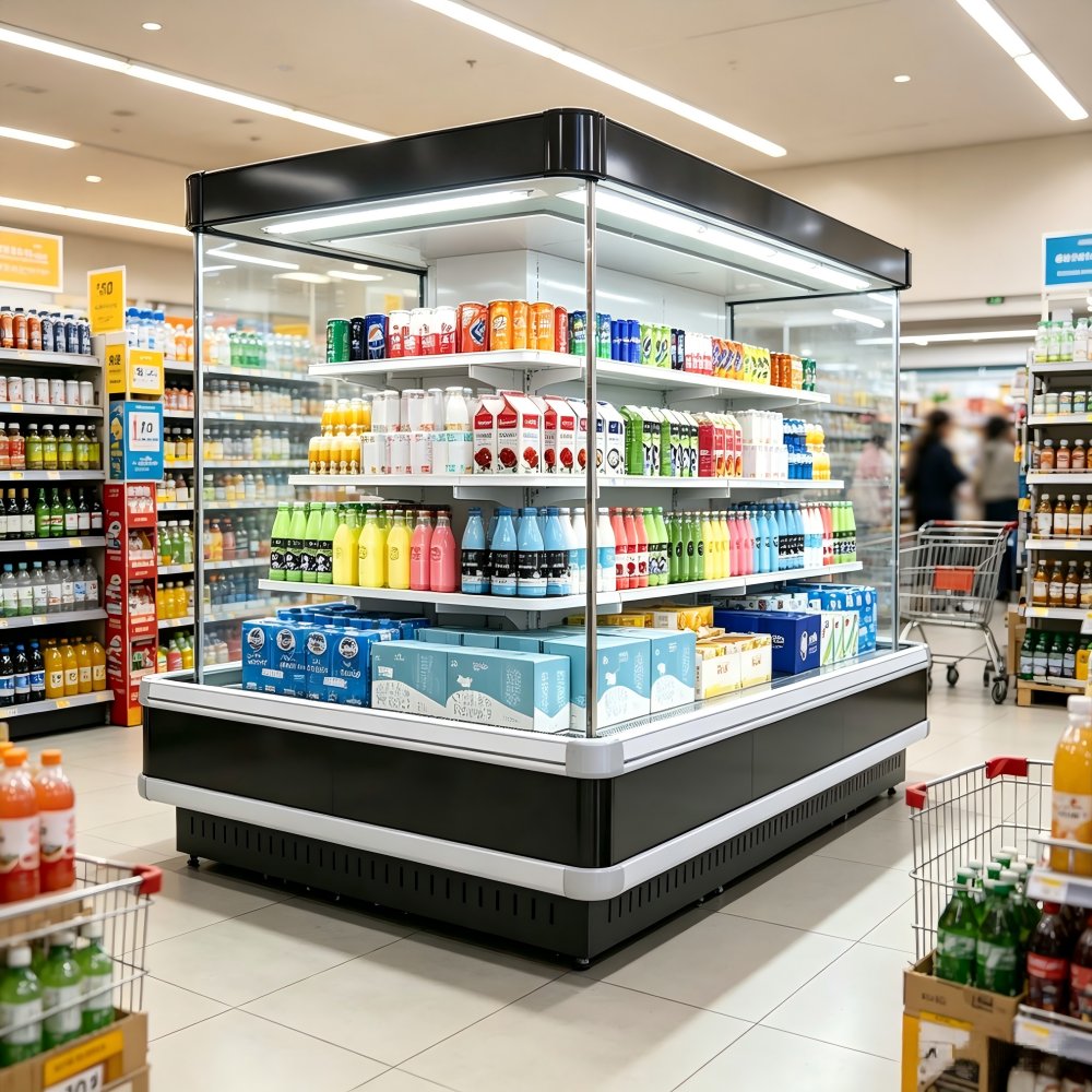 CE Certified Commercial Merchandiser Cooler Adjustable Shelves Island Display Chiller for Retail Shop