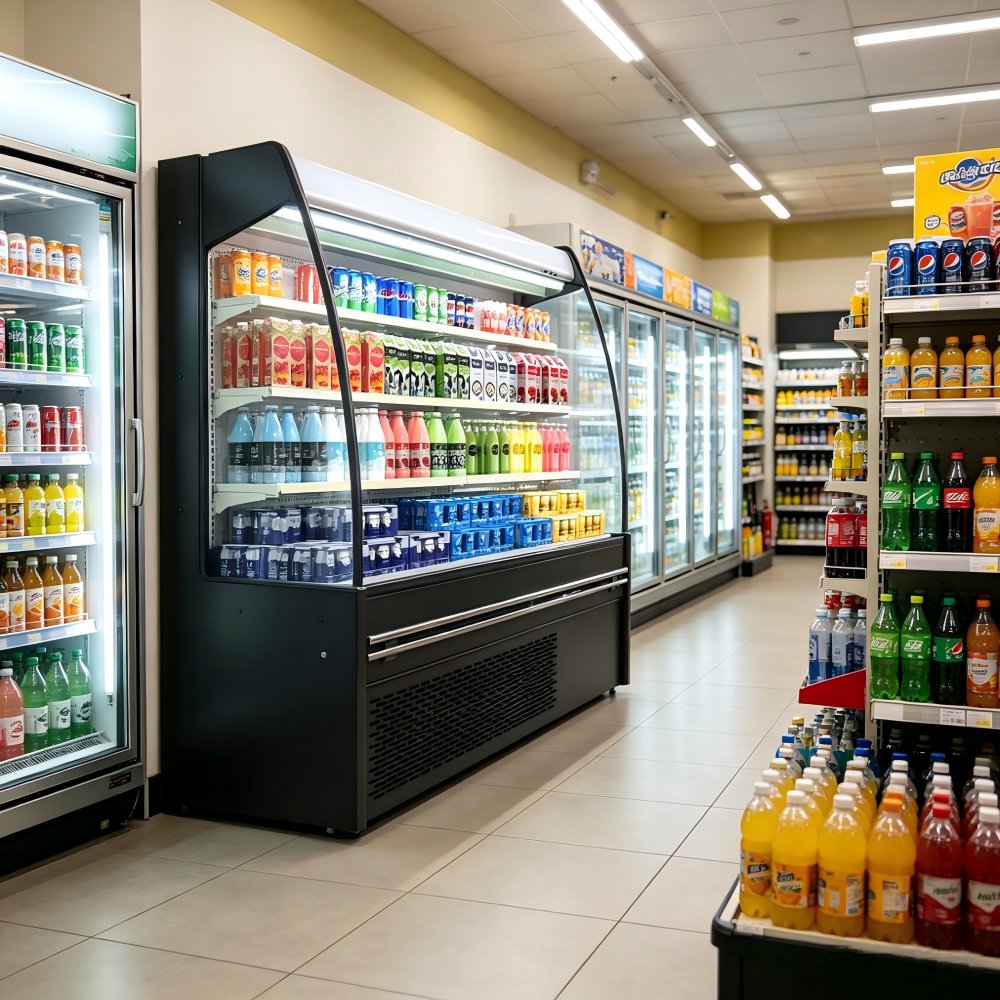 Curved Glass Upright Commercial Beverage Cooler Auto Defrost Open Display Chiller for Supermarket