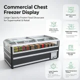 Flat Glass Top Commercial Island Display Freezer Air Cooling Frozen Food Seafood Chest Freezer for Supermarket