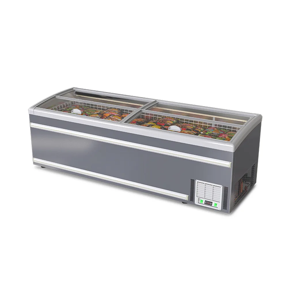 Grey Curved Lid Island Display Freezer Large Capacity Deep Frozen Food Showcase