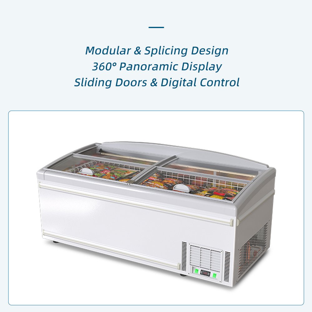 White Curved Glass Top Island Freezer Commercial Display Chest Freezer