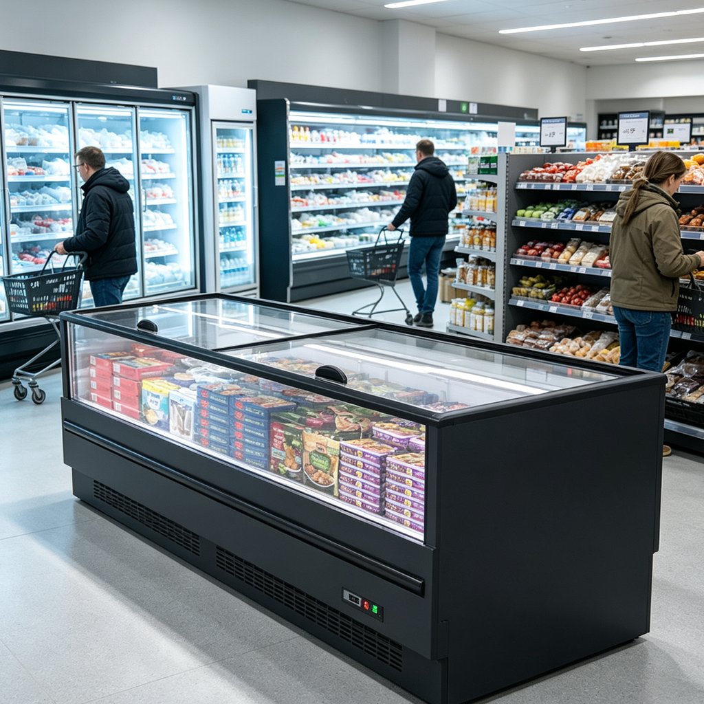 Flat Glass Top Commercial Island Display Freezer Air Cooling Frozen Food Seafood Chest Freezer for Supermarket